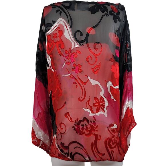 Chico's Semi Sheer Silk Blend Floral Leaf Black Red Pink Blouse Top 2/M - Picture 3 of 5